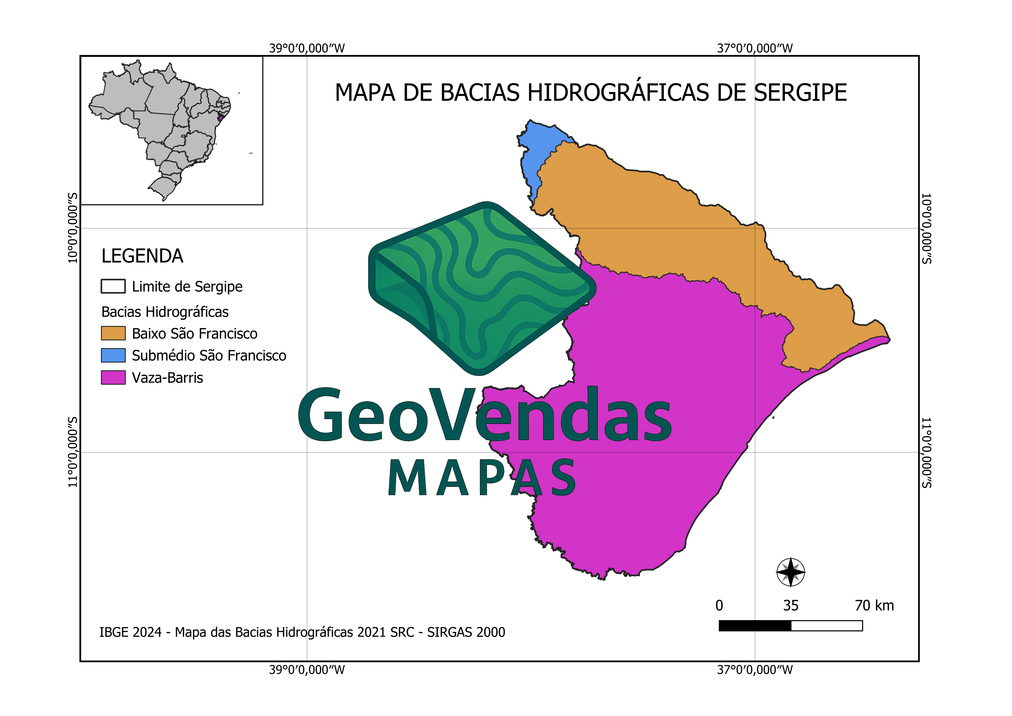 Mapa de Bacias hidrográficas de Sergipe
